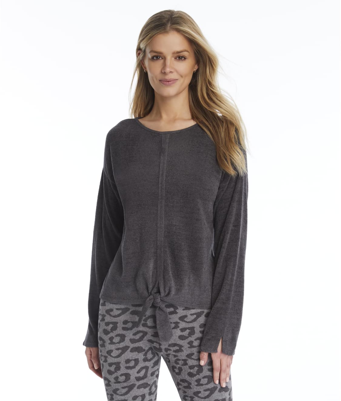 Barefoot Dreams CozyChic Ultra Lite Tie Front Knit Top - Carbon